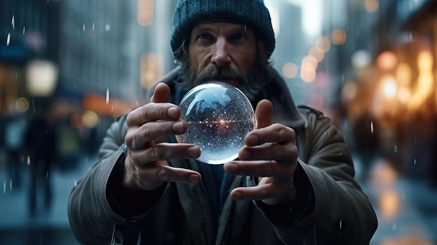 Person holding energy ball in the middle of a massive city magician power concept