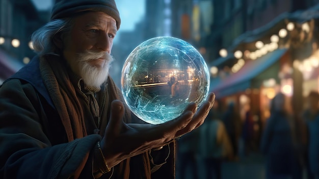 Person holding energy ball in the middle of a massive city magician power concept