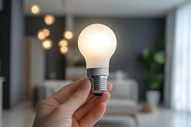 Person Holding Energy Efficient LED Light Bulb in Bright Modern Home Interior