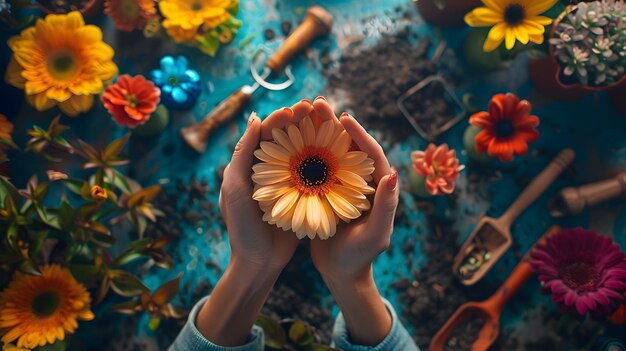 Photo person holding a flower amidst a vibrant array of botanical specimens