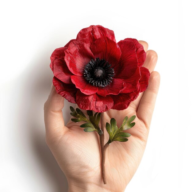 a person holding a flower that has the word  poppy  on it