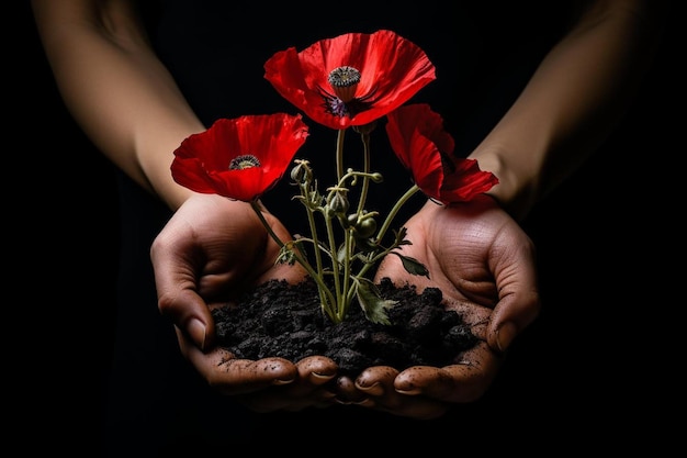 a person holding a flower that has the word poppy on it