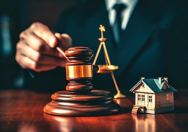 A person holding a gavel with a mini wooden house at the top