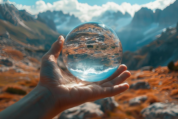 Person holding glass ball with distant mountain view