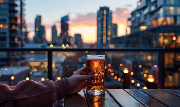 a person holding a glass of beer in front of a city skyline