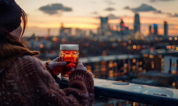 a person holding a glass of beer in front of a city skyline