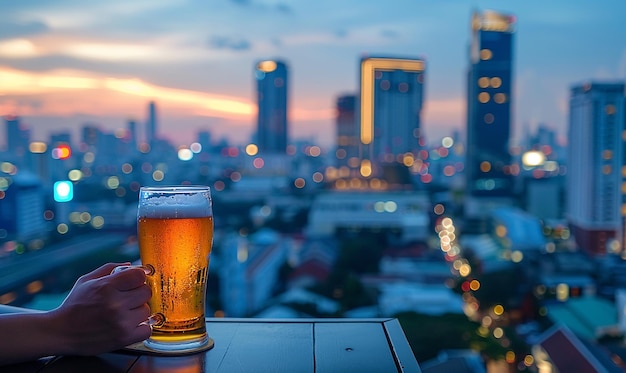 a person holding a glass of beer with the city in the background