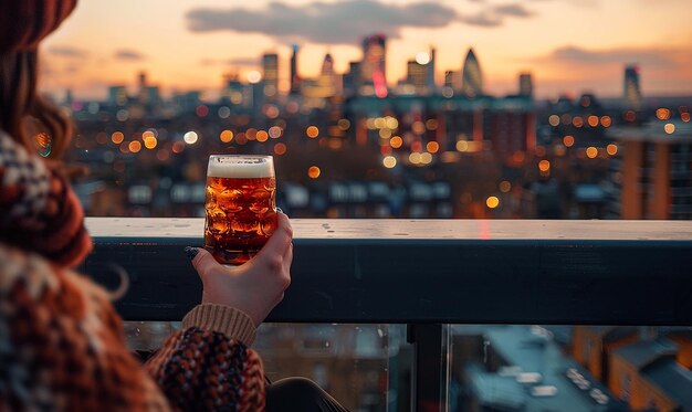 a person holding a glass of beer with the city in the background