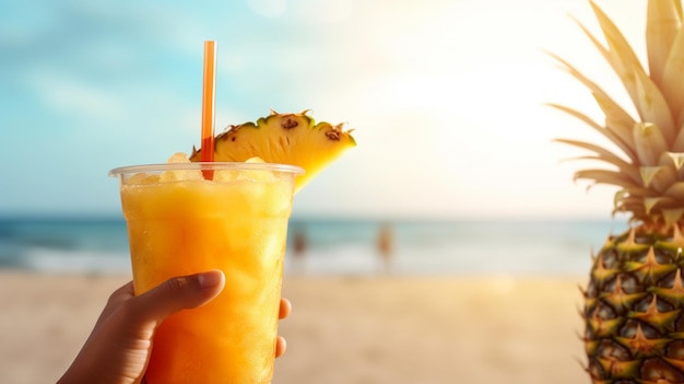 A person holding a glass of pineapple juice on a beach