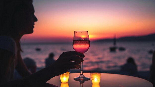 A person holding a glass of wine at a table with a sunset in the background.