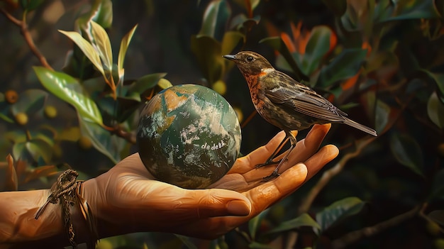 Photo a person holding a globe with a bird on it