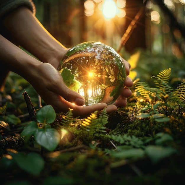 a person holding a globe with the sun shining through the leaves