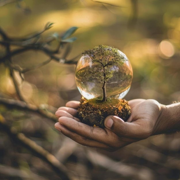 Photo a person holding a globe with a tree growing in it