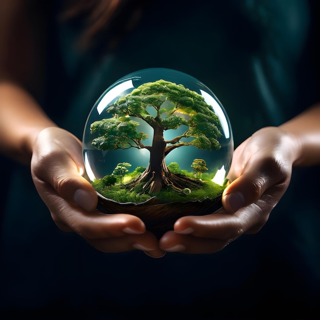 a person holding a globe with a tree