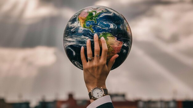 a person holding a globe with the world around it