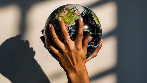 Photo a person holding a globe with the world being held in their hands