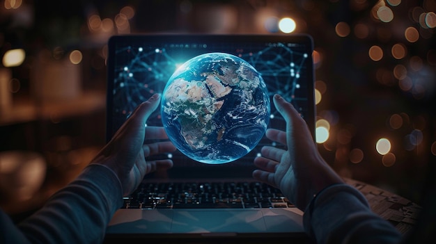 a person holding a globe with a world map in the background