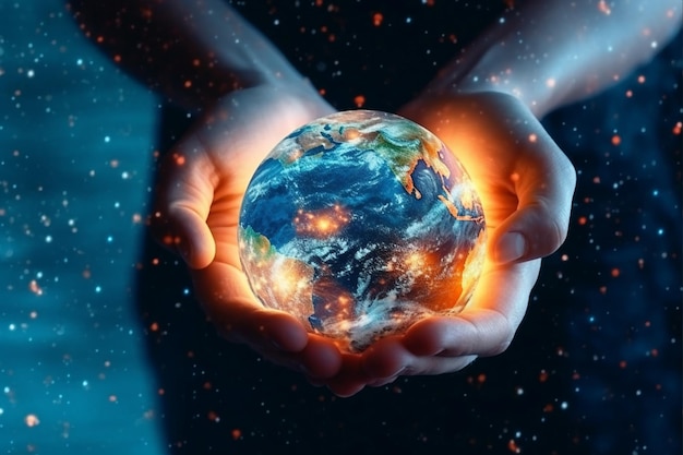 Photo a person holding a glowing globe symbolizing connection to the world