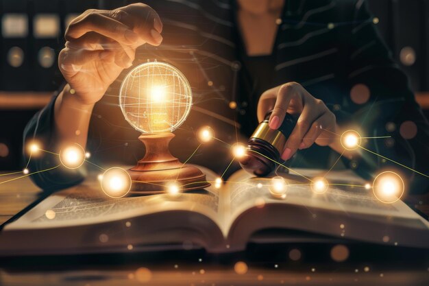 Photo a person holding a glowing orb and a gavel over an open book symbolizing knowledge innovation and justice in a dimly lit study environment