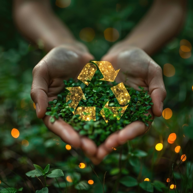 a person holding a green recycle sign in their hands