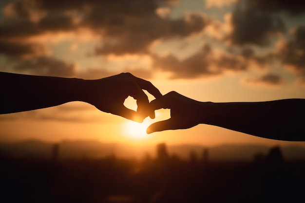 A person holding hands with the sun setting behind them