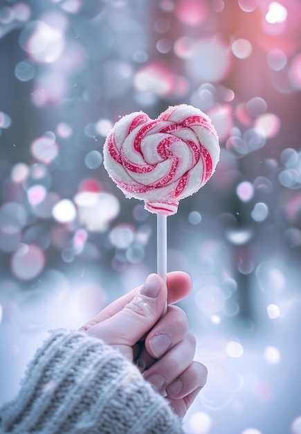 a person holding a heart shaped lollipop with a heart shaped stick in the background