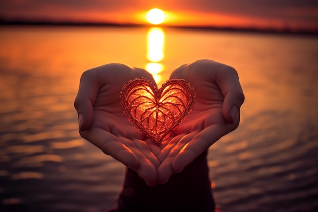 A person holding a heart in their hands on a beach with the sun setting behind them