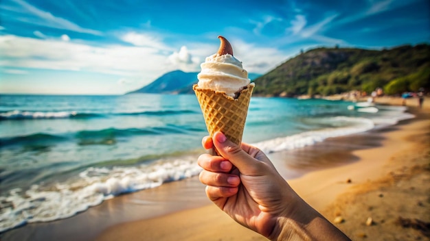 a person holding an ice cream cone on a beach with the ocean in the background