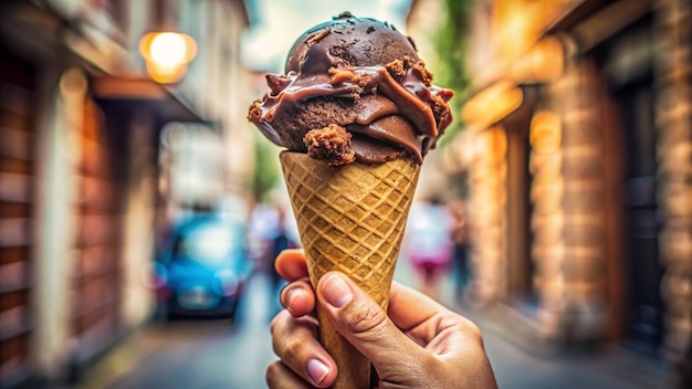 a person holding an ice cream cone that has chocolate on it