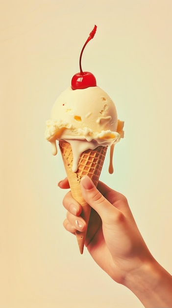 Photo a person holding an ice cream cone with a cherry on top