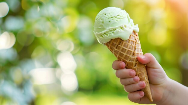 a person holding an ice cream cone with a green background