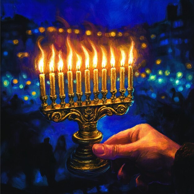 Photo a person holding a lit candle that says  the jewish menorah