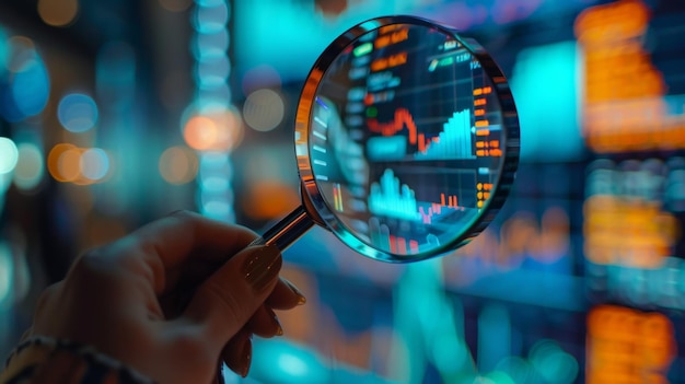 A person holding a magnifying glass inspecting stock market data