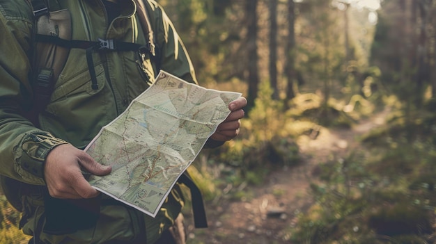 Photo person holding map in forest dressed hiking gear