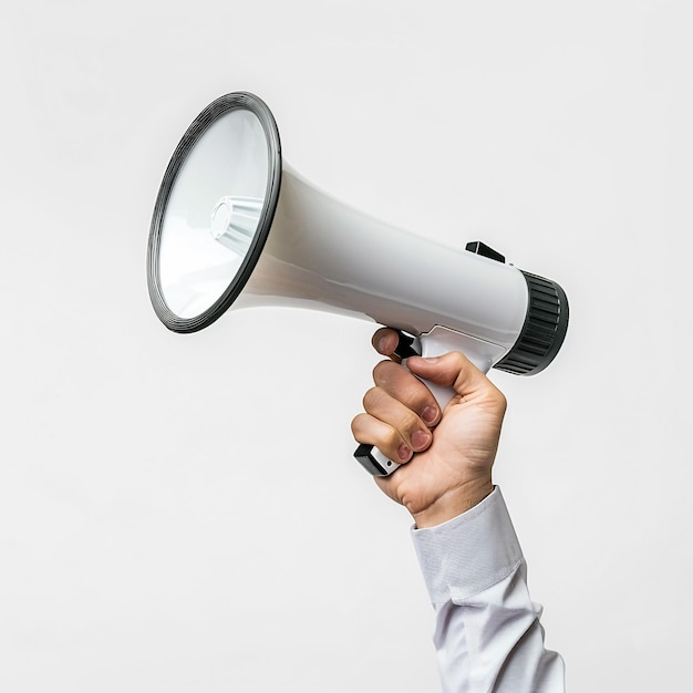 a person holding a megaphone that says  the word  on it