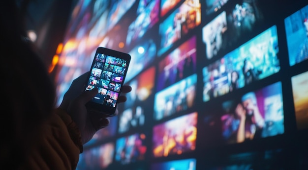 Person Holding Mobile Phone Showing Video Clips on Screen with Multiple Background Displays