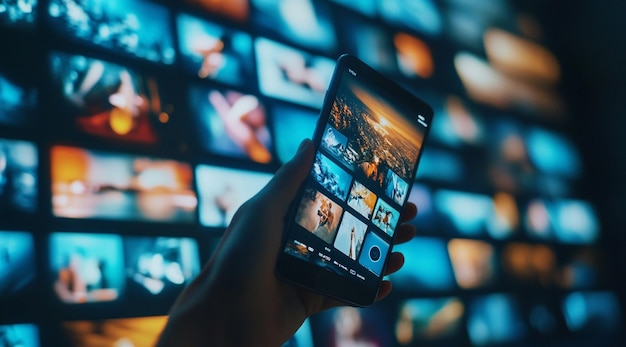 Person Holding Mobile Phone Showing Video Clips on Screen with Multiple Background Displays