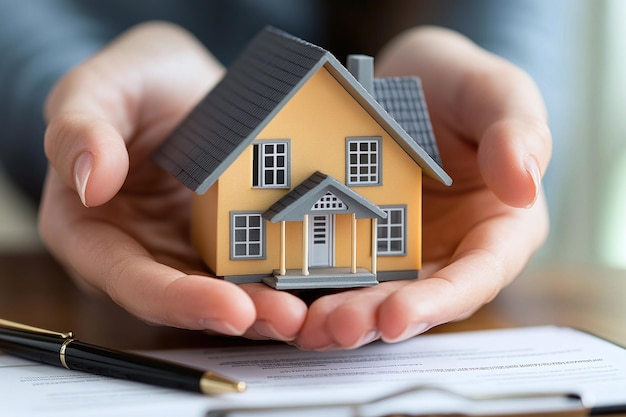 a person holding a model of a house that has a house on the top of it