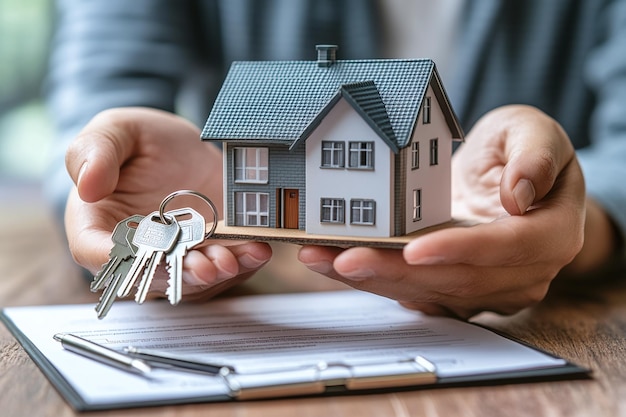 a person holding a model house with a house in the background