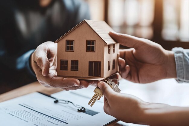 a person holding a model house with a key in the hands