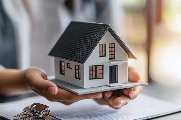 a person holding a model house with a keychain in their hand