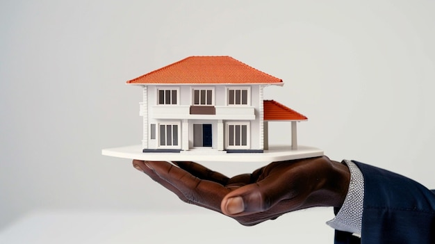 a person holding a model house with a red roof