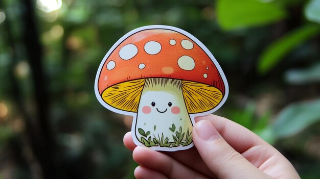 a person holding a mushroom with a green grass background