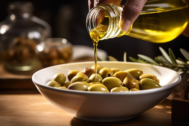 Person holding olive oil over olives