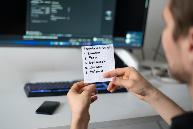 A person holding a paper note with countries to visit list