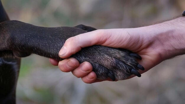 A person holding the paw of a dog showcasing a compassionate humancanine bond