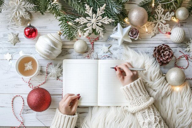 Person Holding Pen Over Open Notebook with Christmas Decorations and Tea on White Wooden Surface