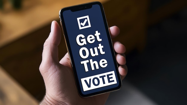 a person holding a phone that says get out the vote