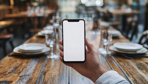 a person holding a phone in their hand with a wooden table and plates and glasses on the table