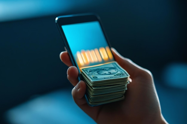 Photo a person holding a phone with a bunch of money in their hand